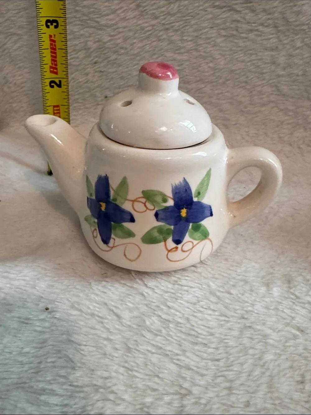 Bauer White Ceramic Mini Teapot Trio with Blue and Purple Floral Accents
